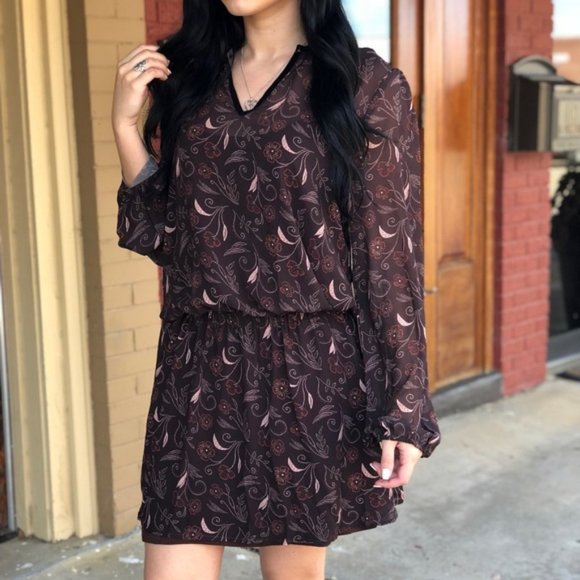 DOUBLE D RANCH brown printed chiffon blouson long sleeve dress - Picture 1 of 8